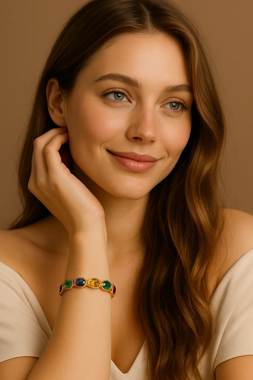 Eine Frau mit Edelstein Armbänder